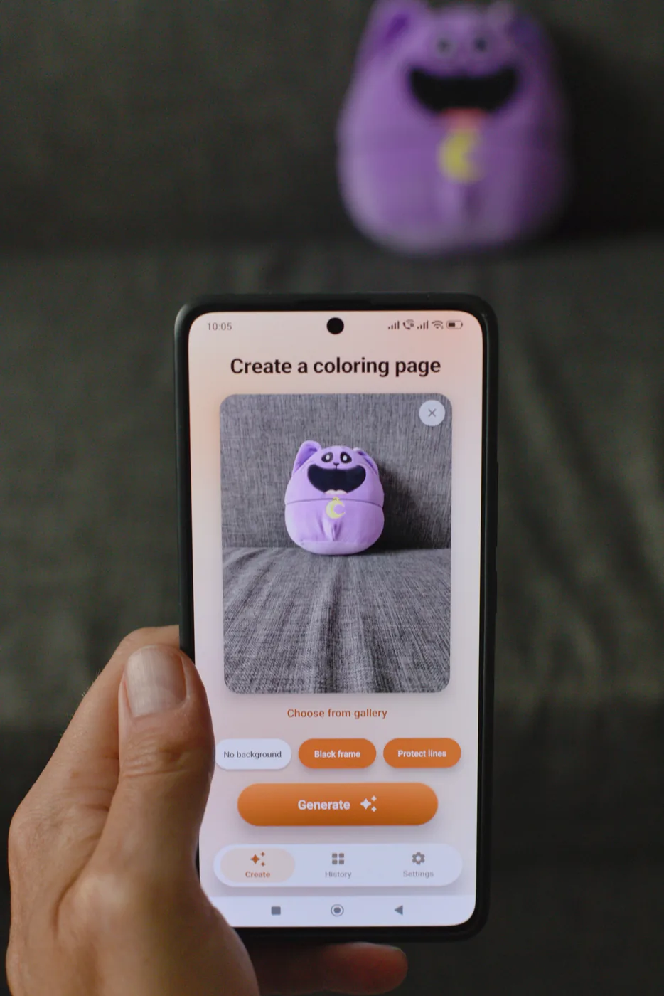 Sketchingo showing a photo of a purple plush toy ready to be turned into a coloring page