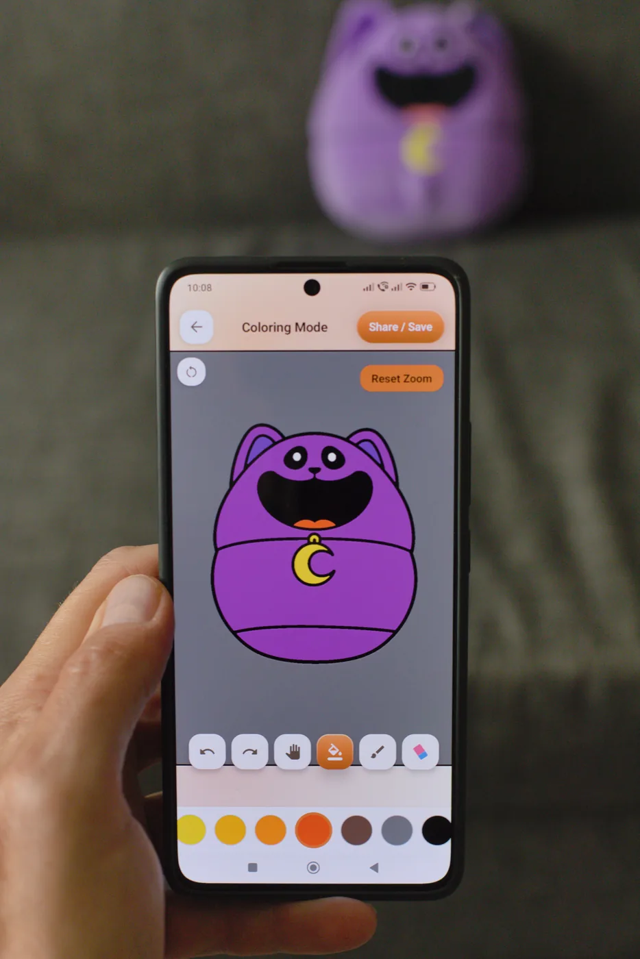 The line art being filled in with purple and yellow