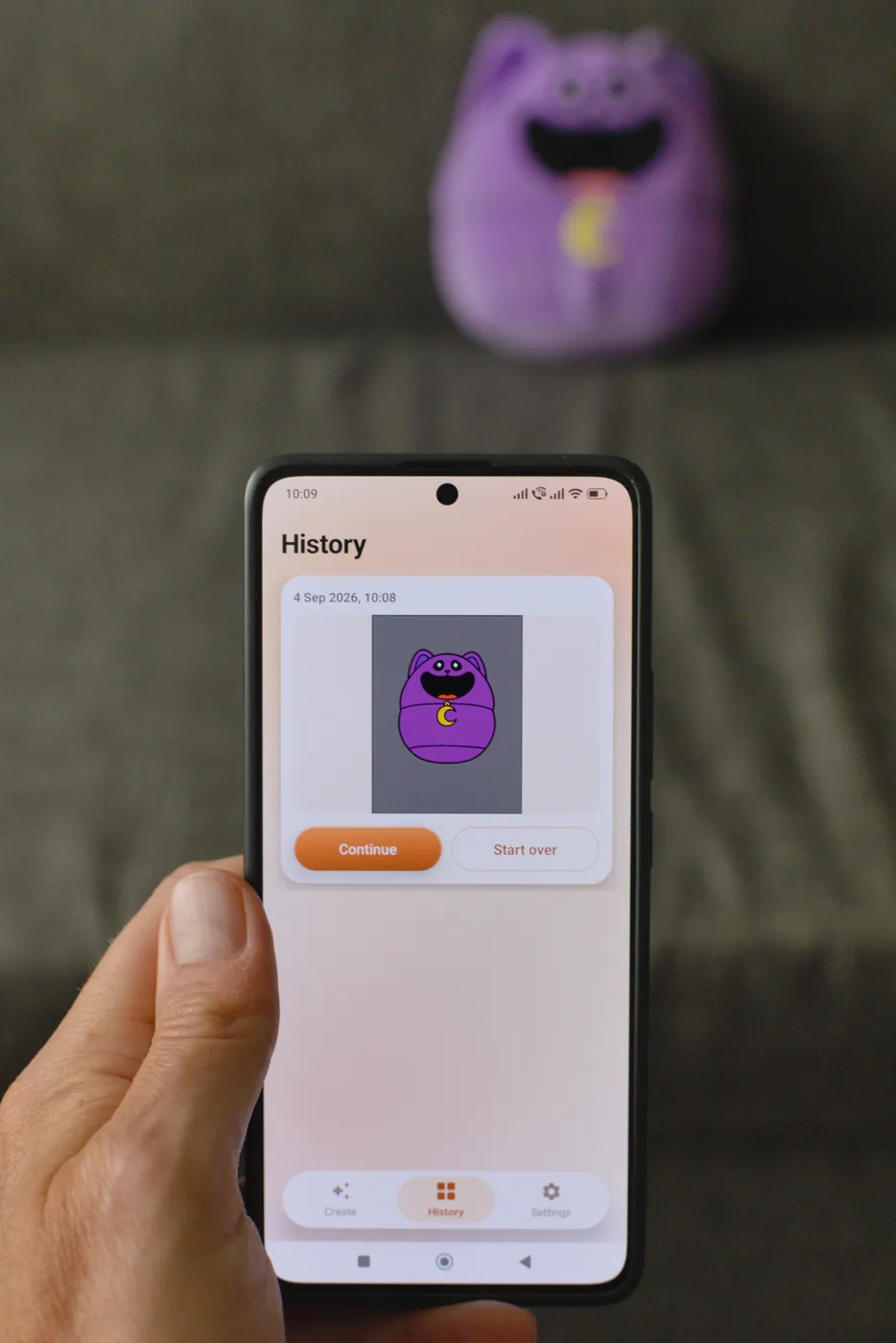 The history screen listing a saved coloring page with its progress